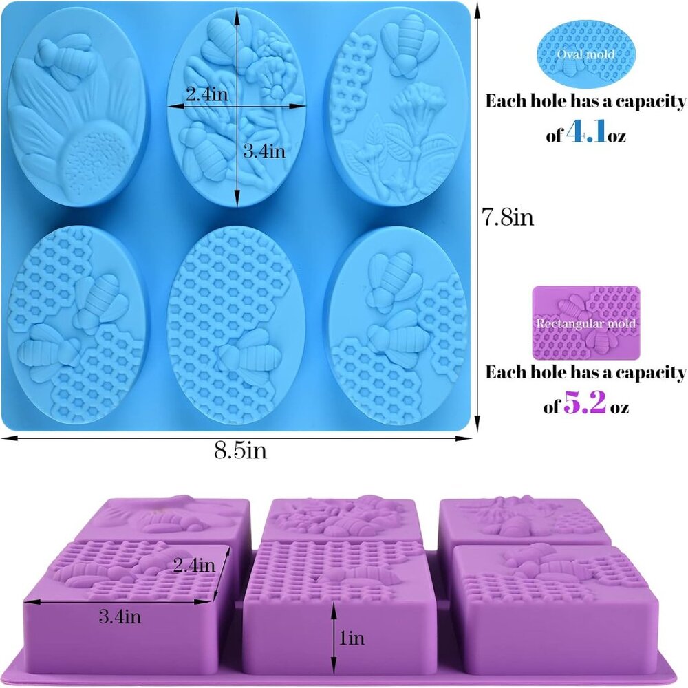 2 Pack 6 Cavity Bee Silicone Soap Molds Rectangle Oval Honeycomb Silicone Molds - Picture 3 of 6